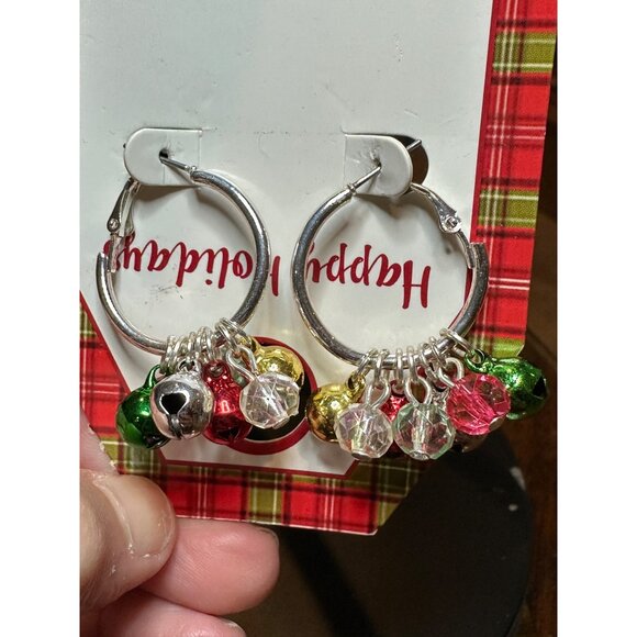 Christmas Hypoallergenic Holiday Hoop Earrings With Festive Bells Beads - Picture 5 of 6